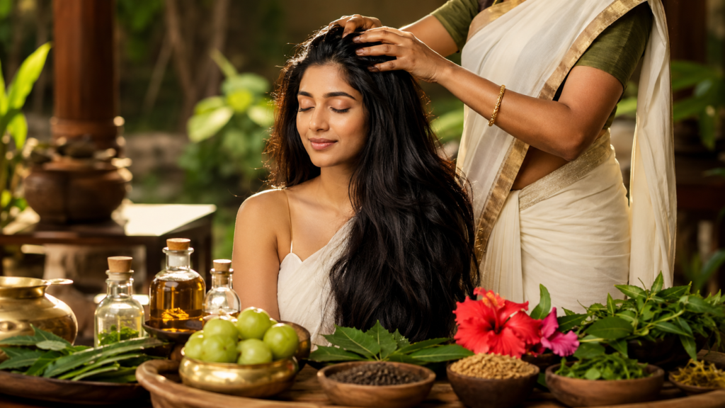 Ayurvedic hair care routine with herbal oils and healthy hai