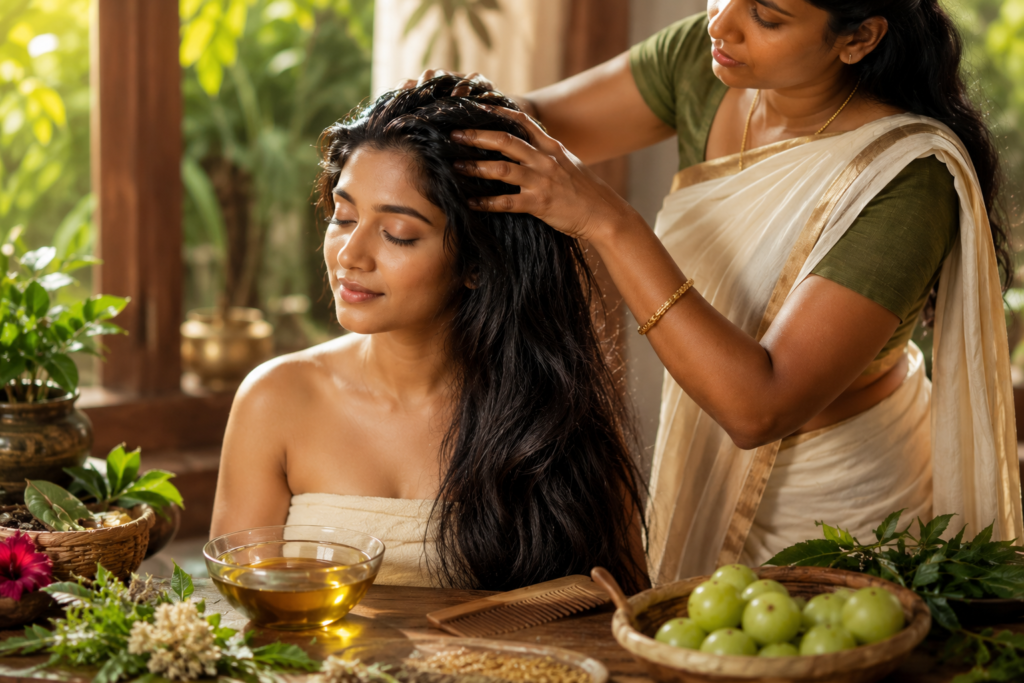 Woman applying warm Ayurvedic oil on scalp