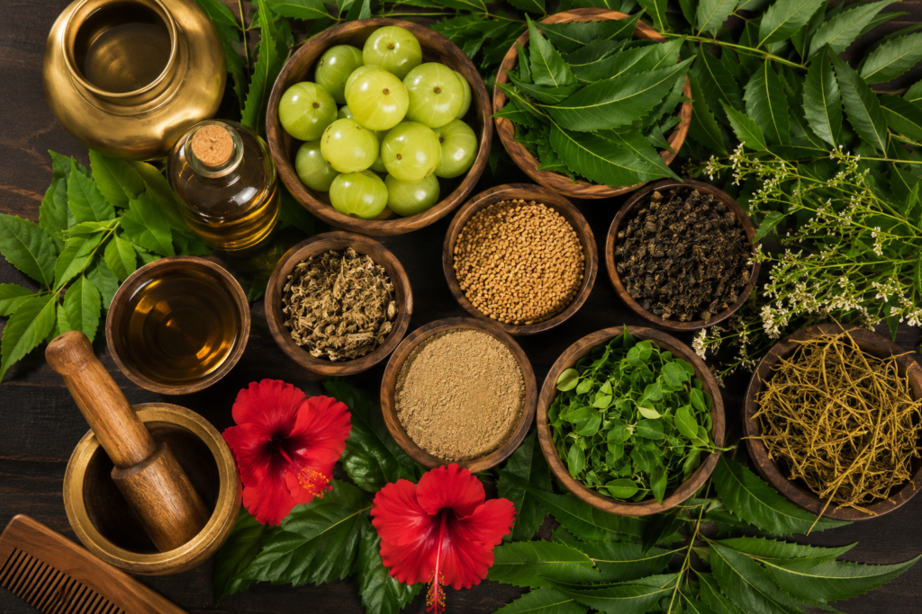 Amla bhringraj neem fenugreek and hibiscus herbs for hair care